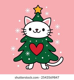 Cute Christmas Cat Dressed as Tree Illustration	