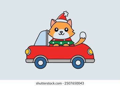 Cute Christmas cat driving a car vector illustration. Perfect for greeting cards, social media, and decorations, this playful design adds joy and charm to any festive project.