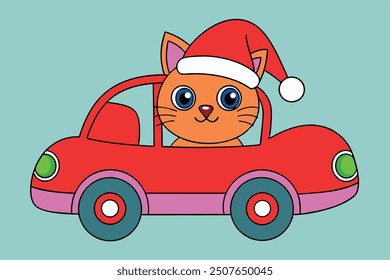 Cute Christmas cat driving a car vector illustration. Perfect for greeting cards, social media, and decorations, this playful design adds joy and charm to any festive project.