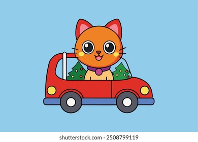 Cute Christmas cat driving a car vector illustration. Perfect for greeting cards, social media, and decorations, this playful design adds joy and charm to any festive project.