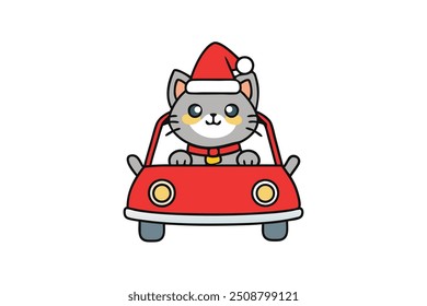 Cute Christmas cat driving a car vector illustration. Perfect for greeting cards, social media, and decorations, this playful design adds joy and charm to any festive project.