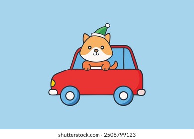 Cute Christmas cat driving a car vector illustration. Perfect for greeting cards, social media, and decorations, this playful design adds joy and charm to any festive project.