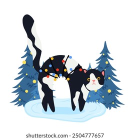 Cute Christmas Cat in garland and Christmas tree. Vector illustration in flat style for designs banner, cover, advertisement, greeting card. Concept of Christmas and New Year
