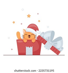 Cute Christmas cat in the gift box, vector illustration on white background