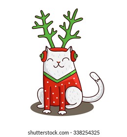 Cute Christmas cat in the hat of a deer with golden horns, wearing a red sweater. Vector illustration.