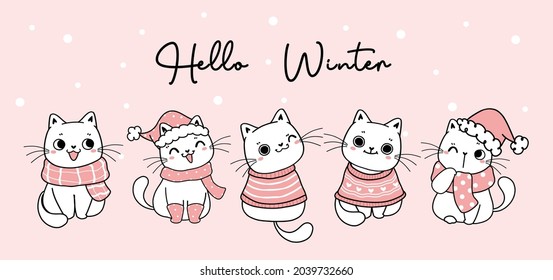 cute Christmas cat Hello Winter in winter clothes cartoon drawing banner, Christmas and New year banner
