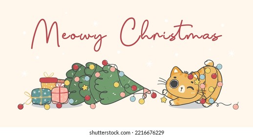 Cute Christmas cat illustration banner, featuring an Adorable kawaii character with holiday decorations. Perfect for festive designs and Xmas greeting cards