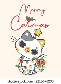 Cute Christmas cat illustration, featuring an Adorable kawaii character with holiday decorations. Perfect for festive designs and Xmas greeting cards