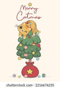 Cute Christmas cat illustration, featuring an Adorable kawaii character with holiday decorations. Perfect for festive designs and Xmas greeting cards