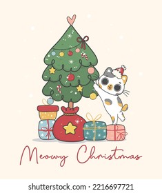 Cute Christmas cat illustration, featuring an Adorable kawaii character with holiday decorations. Perfect for festive designs and Xmas greeting cards