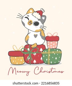 Cute Christmas cat illustration, featuring an Adorable kawaii character with holiday decorations. Perfect for festive designs and Xmas greeting cards