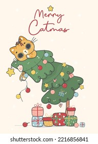 Cute Christmas cat illustration, featuring an Adorable kawaii character with holiday decorations. Perfect for festive designs and Xmas greeting cards