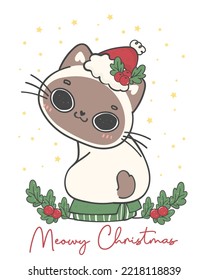 Cute Christmas cat illustration, featuring an Adorable kawaii character with holiday decorations. Perfect for festive designs and Xmas greeting cards