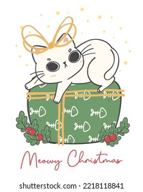 Cute Christmas cat illustration, featuring an Adorable kawaii character with holiday decorations. Perfect for festive designs and Xmas greeting cards