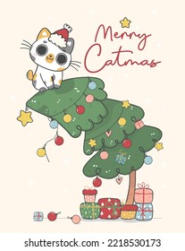 Cute Christmas cat illustration, featuring an Adorable kawaii character with holiday decorations. Perfect for festive designs and Xmas greeting cards