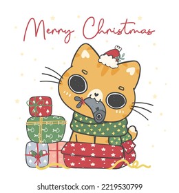 Cute Christmas cat illustration, featuring an Adorable kawaii character with holiday decorations.  Perfect for festive designs and Xmas greeting cards