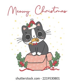 Cute Christmas cat illustration, featuring an Adorable kawaii character with holiday decorations. Perfect for festive designs and Xmas greeting cards