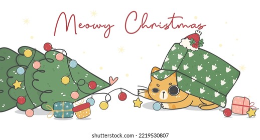 Cute Christmas cat illustration, featuring an Adorable kawaii character with holiday decorations. Perfect for festive designs and Xmas greeting cards