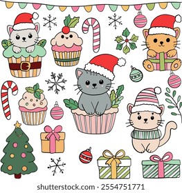 Cute Christmas Cat Illustrations with Santa Hats and Festive Decorations for Holiday Designs