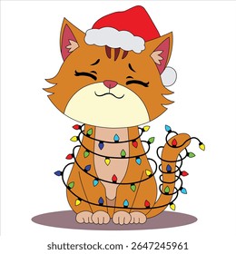 Cute Christmas Cat Lighting with Santa Hat coloring Vector and Illustration.
