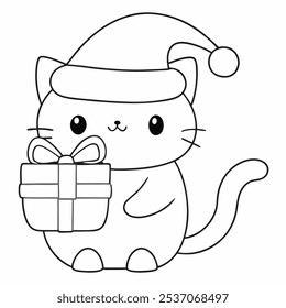Cute Christmas Cat Outline with Santa Hat and Gift - Black and White Holiday Clip Art for Coloring Pages and Festive Designs