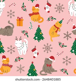Cute Christmas cat pattern in soft pastel colors, featuring adorable cats, Christmas trees, snowflakes, gifts, candy canes, and festive elements. Perfect for holiday-themed wrapping paper, greeting ca