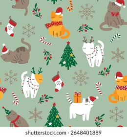 Cute Christmas cat pattern in soft pastel colors, featuring adorable cats, Christmas trees, snowflakes, gifts, candy canes, and festive elements. Perfect for holiday-themed wrapping paper, greeting ca