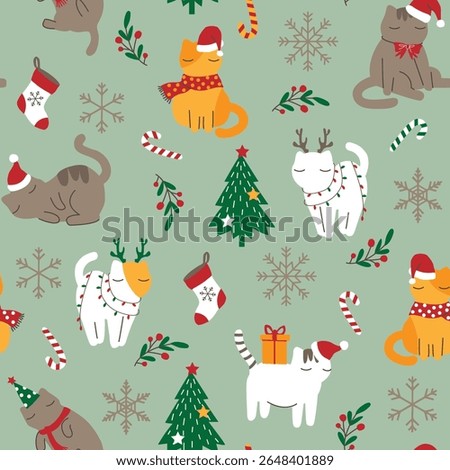 Cute Christmas cat pattern in soft pastel colors, featuring adorable cats, Christmas trees, snowflakes, gifts, candy canes, and festive elements. Perfect for holiday-themed wrapping paper, greeting ca