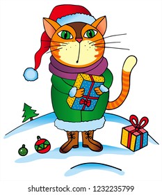 Cute christmas cat with presents and a christmas tree. Colored vector for card or gift.