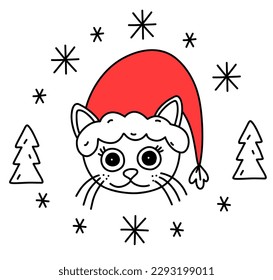 Cute Christmas cat in red Santa hat