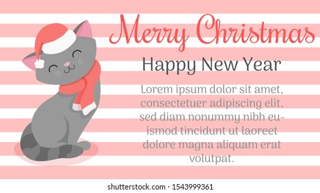 Cute Christmas cat in red Santa's hat and knitted scarf. Character cartoon style. Hand drawn vector illustration.  Cute vector illustration background for Merry Christmas and Happy New Year card