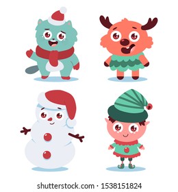 Cute Christmas cat, reindeer, snowman and elf vector cartoon characters set isolated on a white background.