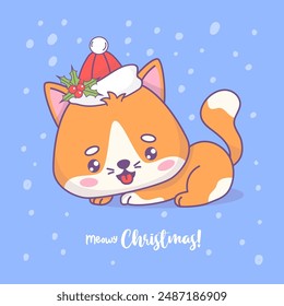 Cute Christmas cat in Santa hat. Cartoon kawaii animal character. Festive cool New Year card. Vector illustration. Kids collection