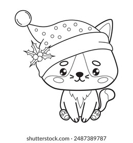 Cute Christmas cat in Santa hat. Festive New Year outline cartoon kawaii animal. Line drawing, coloring book. Vector illustration. Kids collection