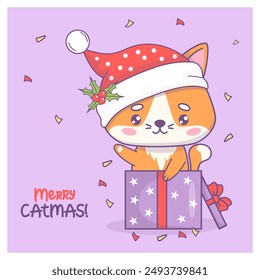 Cute Christmas cat in Santa hat looks out of gift box. Cartoon kawaii animal character. Festive cool New Year card. Vector illustration. Kids collection