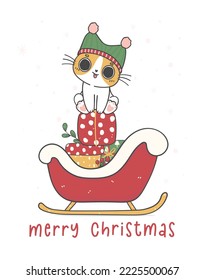 El gato lindo se sienta en una pila de boxex regalo en Santa Sleigh, alegre catmas caricatura doodle vector dibujado a mano