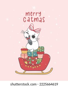 Cute gato blanco sentado en un montón de boxex regalo en Santa Sleigh, alegre catmas caricatura doodle de mano vector dibujado