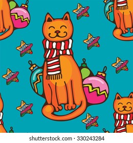 Cute Christmas cat in scarf sitting pattern (seamless image)