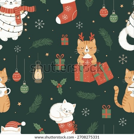 Cute Christmas Cat Seamless Pattern: Kitten, Stocking, Gifts, and Holiday Lights Vector
