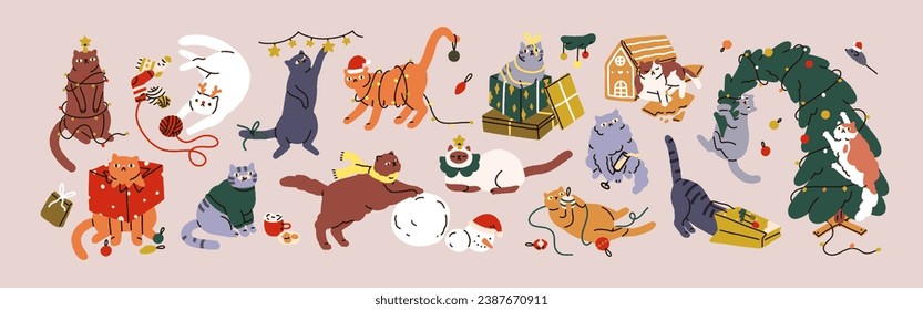 Cute Christmas cat set. Funny comic feline animals, naughty kitties playing with Xmas fir tree, baubles, garland, gift, presents. Happy adorable New Year kittens. Isolated flat vector illustrations