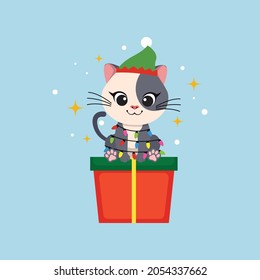 Cute Christmas cat sit on Gift box. Flat vector cartoon design