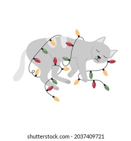 Cute Christmas cat sleeping with festive garlands, funny grey kitten. Hand drawn vector illustration in flat cartoon style, template for New Year t-shirt, banner or cards, isolated on white background