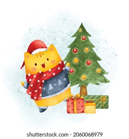 El gato navideño y el árbol de Navidad 