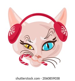 Cute Christmas cat. Vector Christmas card with cat wearing earmuffs and eating candy cane. 