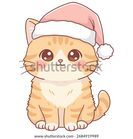 Cute Christmas Cat Vector, Kawaii Cat Santa Hat Clipart, 
Orange Cat Holiday Illustration, Adorable Winter Cat Drawing, Xmas Greeting Card Sticker. 