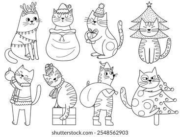 Cute Christmas cats black and white set. Funny feline characters in outline collection. Great for coloring pages, Christmas prints, etc. Vector illustration