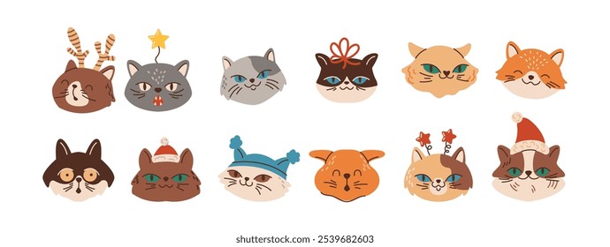 Cute Christmas cats faces flat color vector characters set. Funny feline pets avatars with new year accessories illustrations bundle on white