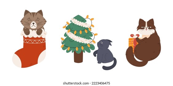 Cute Christmas Cats, Funny Pets Feline Characters Sit in Sock, Play with Xmas Tree Garland, Holding Gift Box, Adorable Naughty Kitten Play and Fun at Festive Eve. Cartoon Vector Illustration
