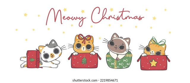 Cute Christmas cats illustration banner, featuring an Adorable kawaii character with holiday decorations.  Perfect for festive designs and Xmas greeting cards