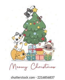 Cute Christmas cats illustration, featuring an Adorable kawaii character with holiday decorations. Perfect for festive designs and Xmas greeting cards